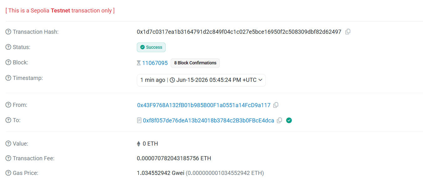 Ethereum Sepolia Testnet Transaction Confirmation Receipt