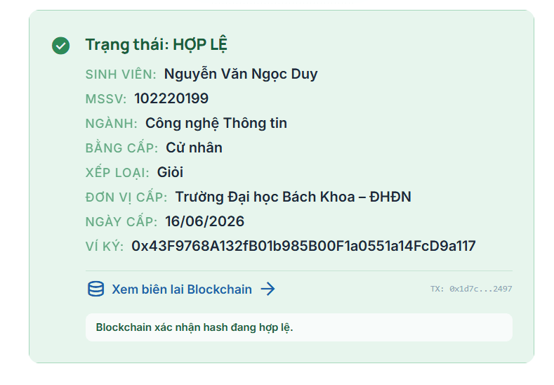 Positive Verification Outcome: Cryptographic Proof & Student Profile