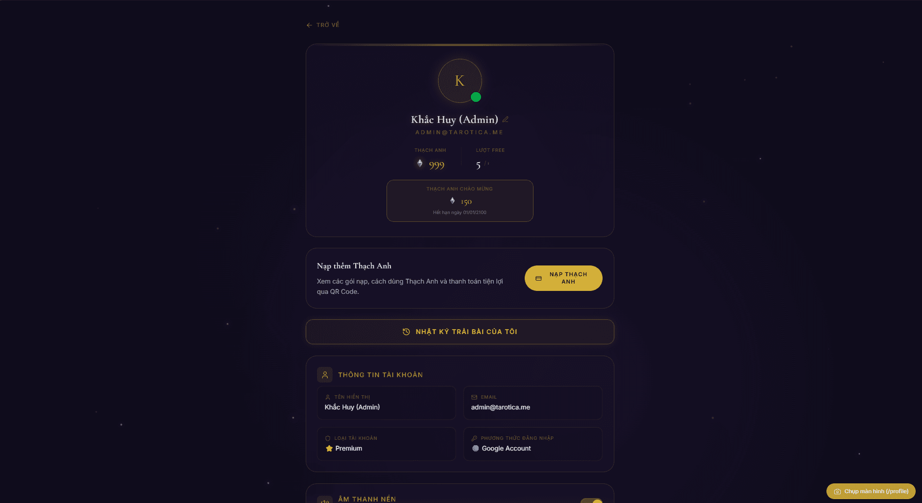 User Profile Dashboard & Dual Crystal Wallet View (/profile)